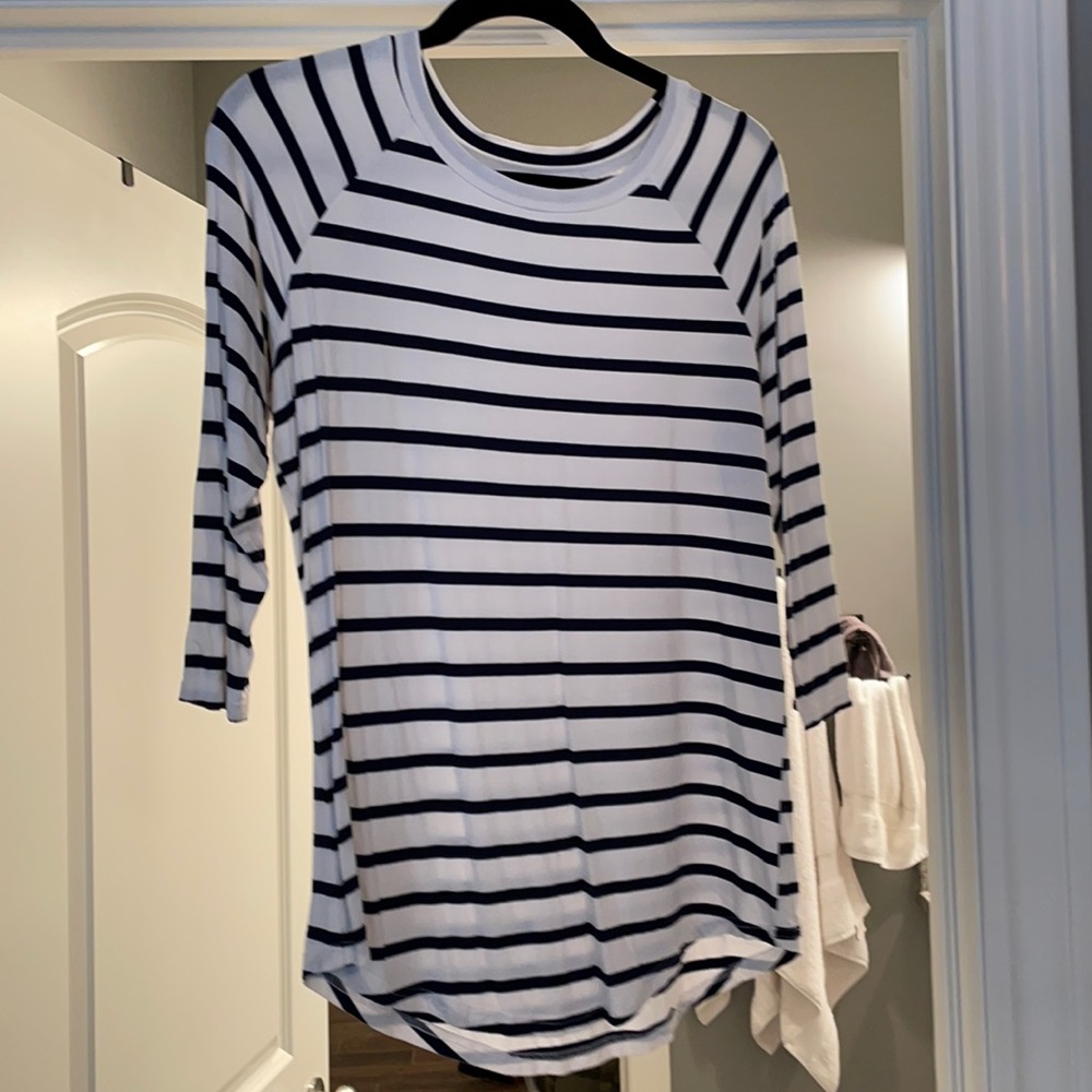 Large Tickled Teal 3/4 sleeve white and navy striped shirt.